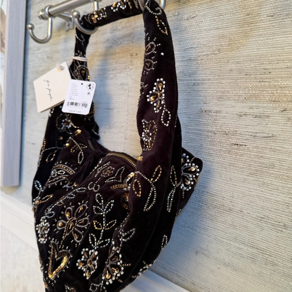 NWT new free people Nashville nights beaded embroidered bag black velvet gold